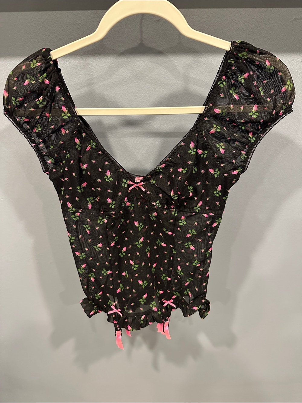 Vintage Betsey Johnson Y2K Pink Flower Black Lingerie Top S